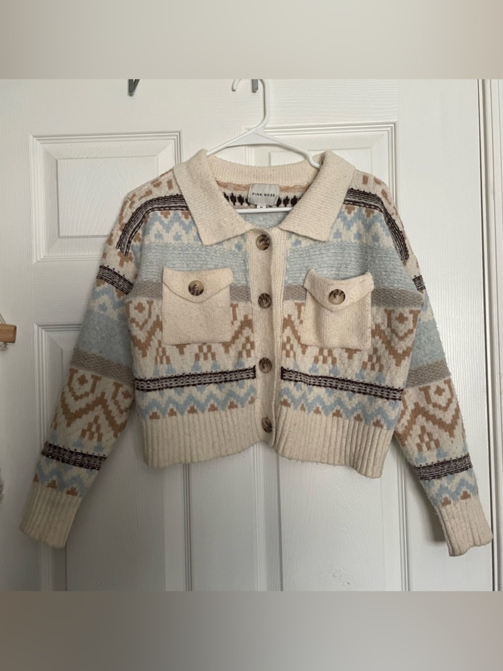 Pink Rose Cream, Light Blue & Tan Patterned Button-Up Crop Cardigan XS